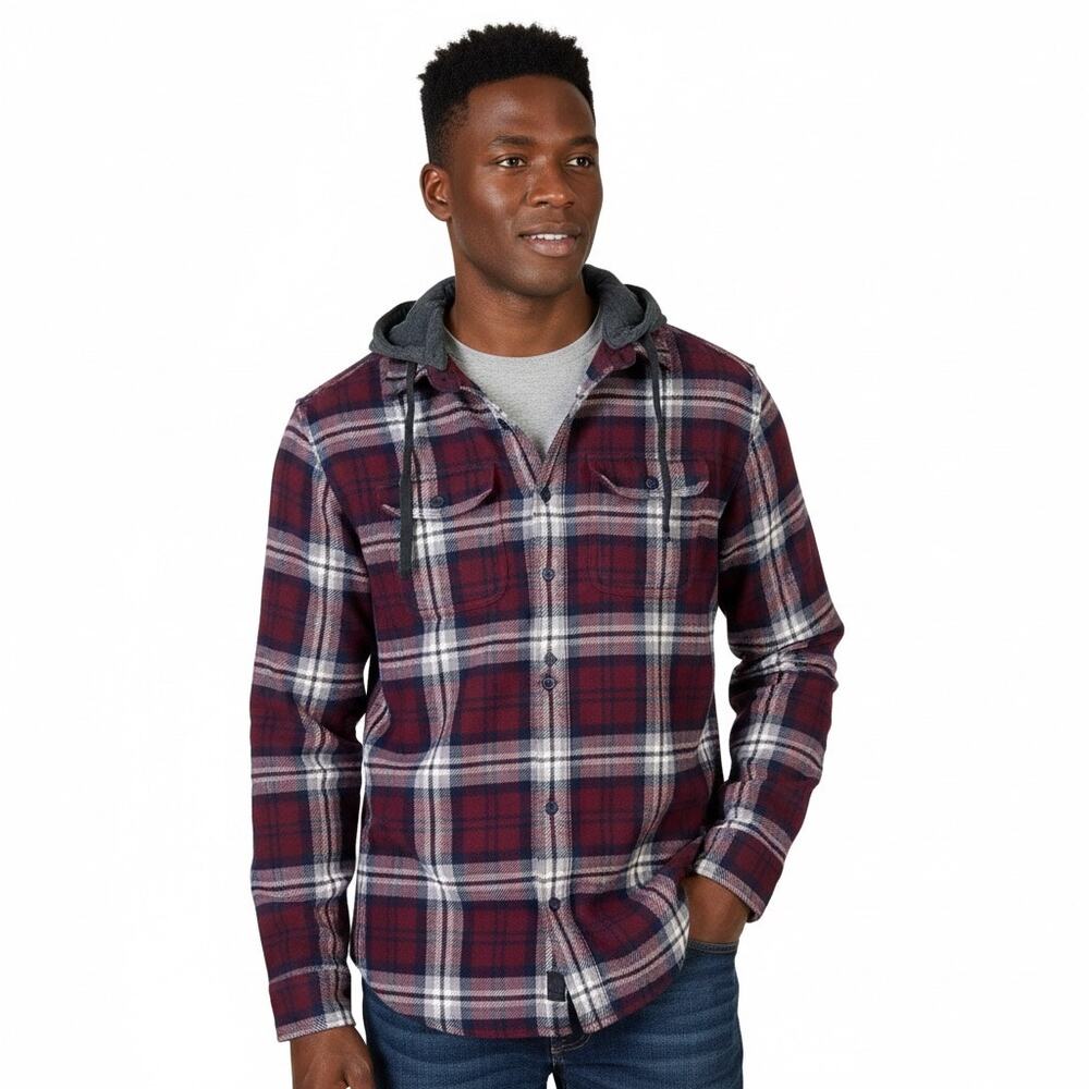 American Eagle Button Down Hooded Flannel Mens XS Burgundy Plaid Cabincore Fall